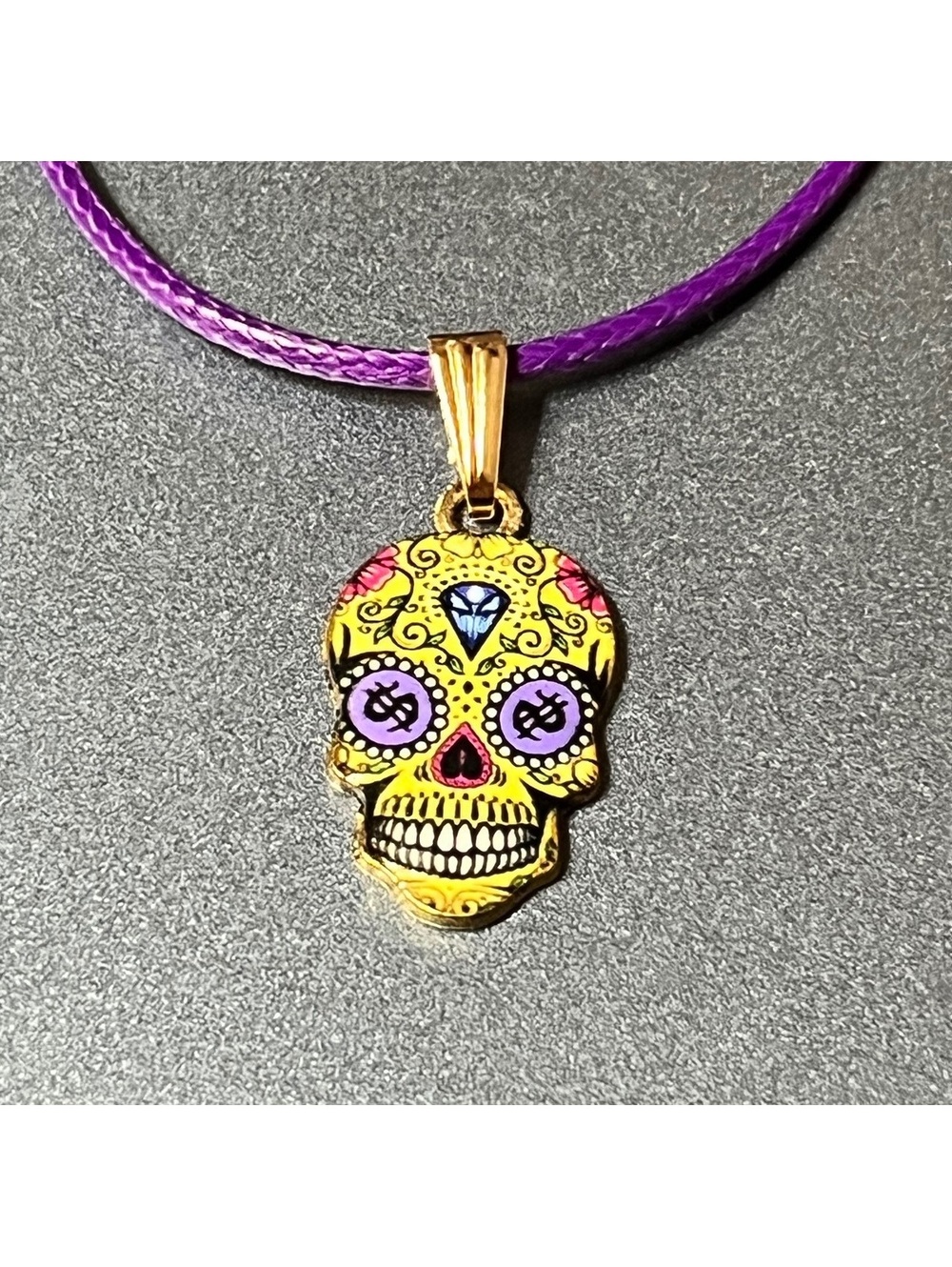 Trendy Purple Cord Sugar Skull Pendant Necklace - Unique Statement Jewelry